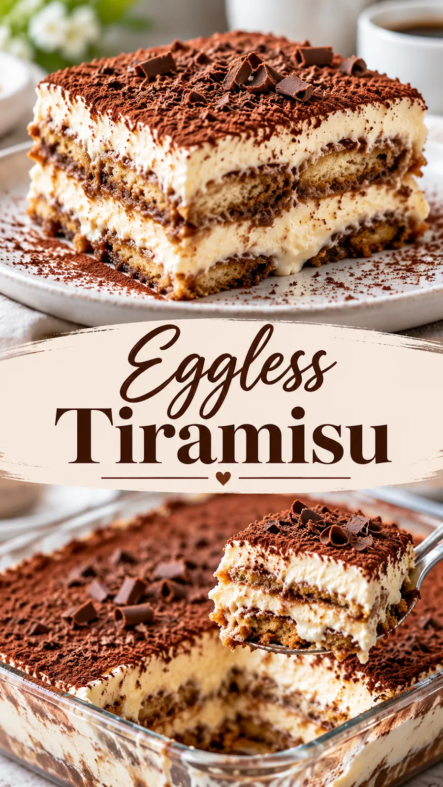 Pinterest image for Eggless Tiramisu Recipe, with two photos of the recipe