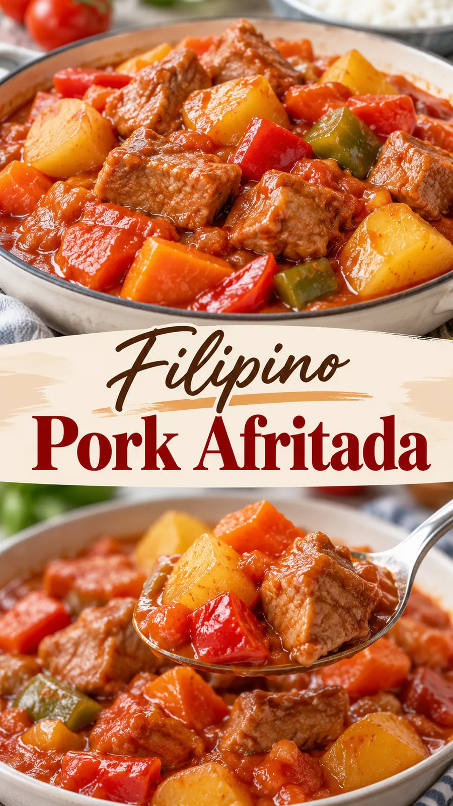 Pinterest image for Filipino Pork Afritada Recipe, with two photos of the recipe
