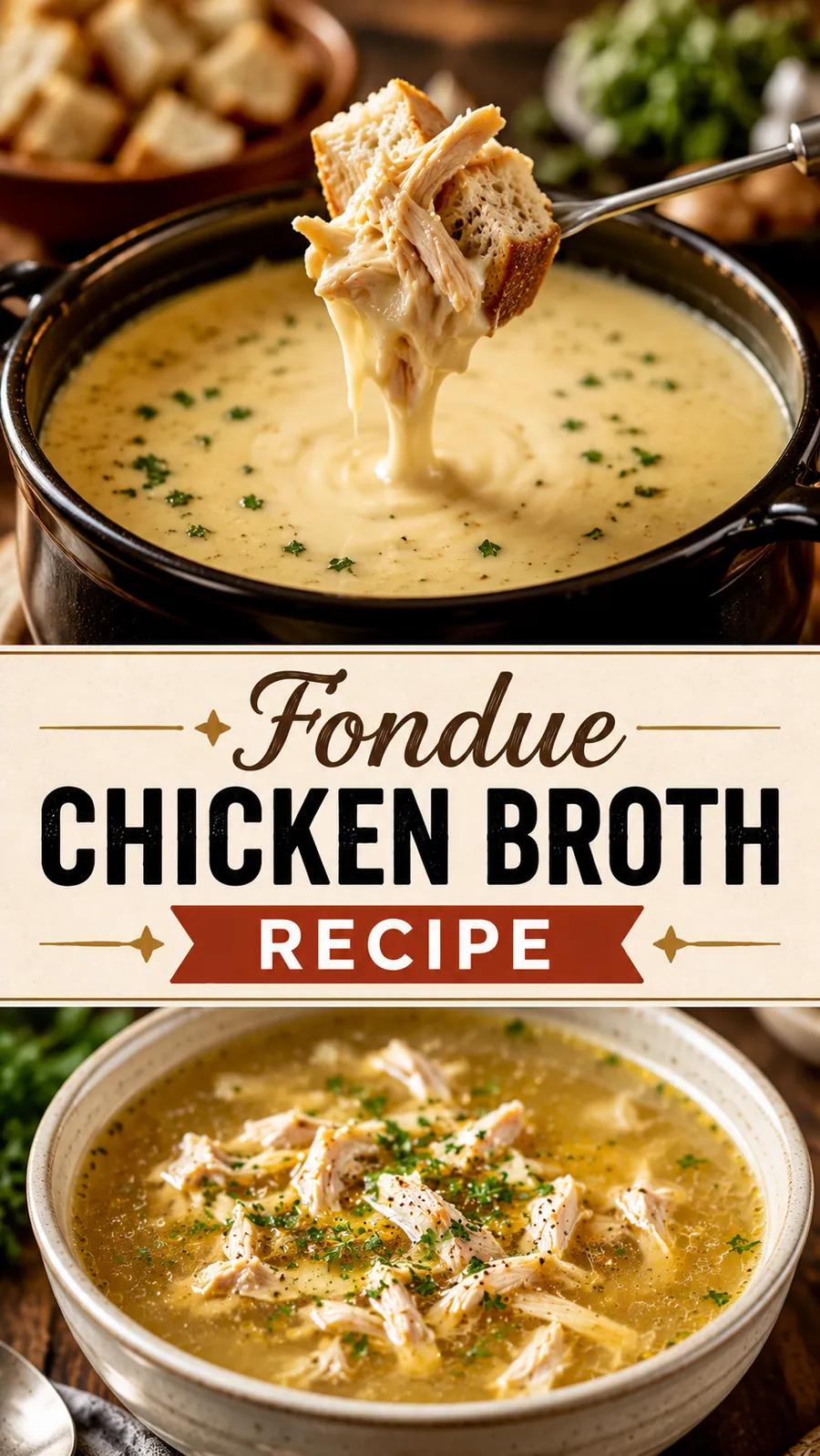 Pinterest image for Fondue Chicken Broth Recipe, with two photos of the recipe