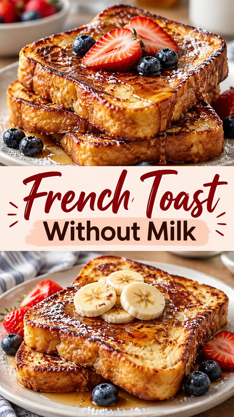 Pinterest image for French Toast Without Milk Recipe, with two photos of the recipe