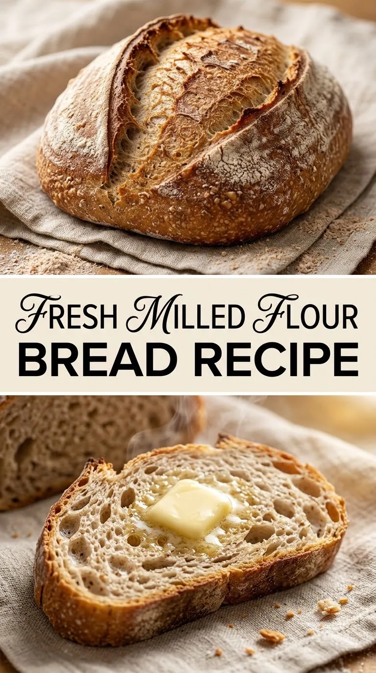 Pinterest image for Fresh Milled Flour Bread Recipe, with two photos of the recipe