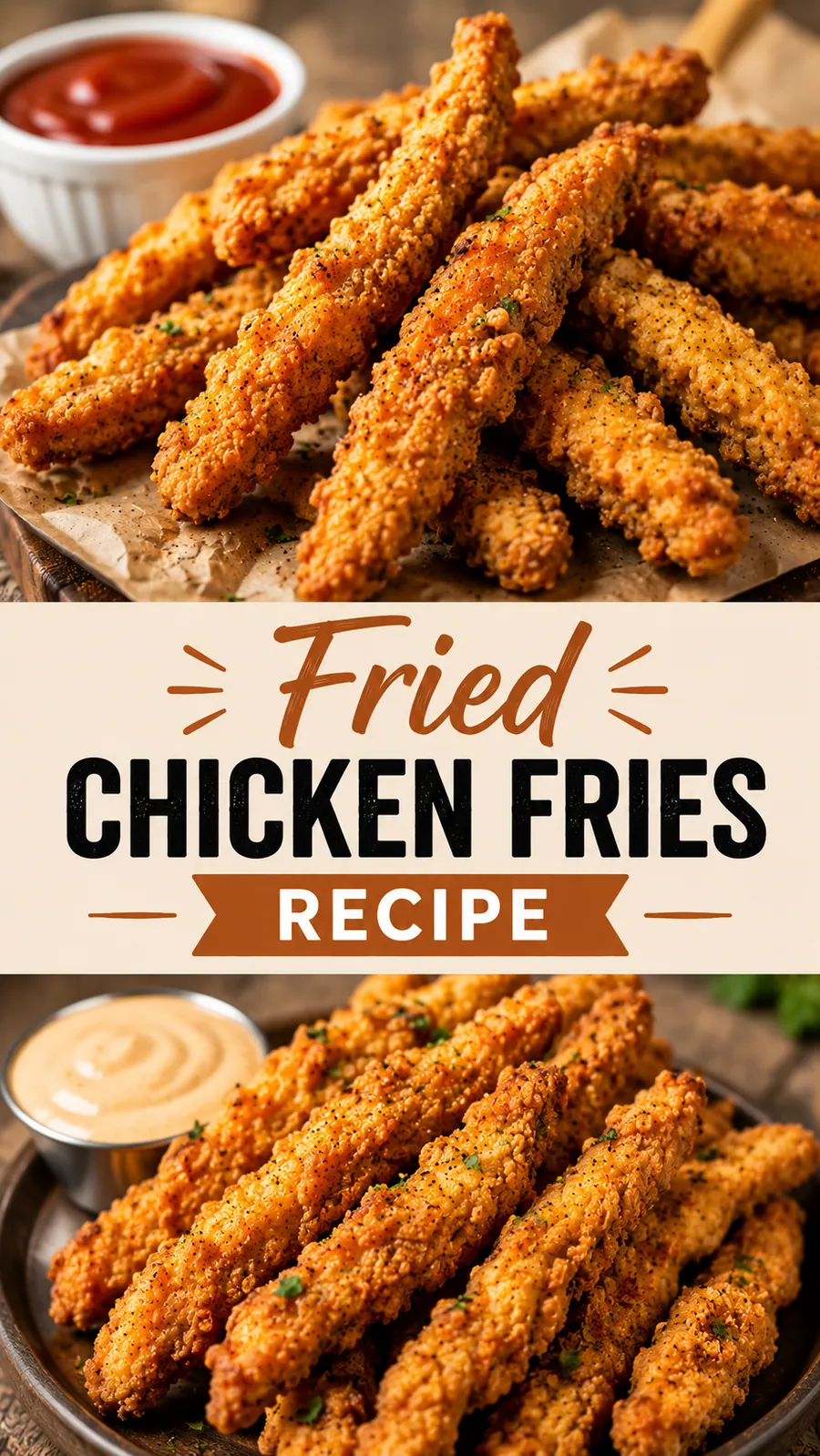 Pinterest image for Fried Chicken Fries Recipe, with two photos of the recipe