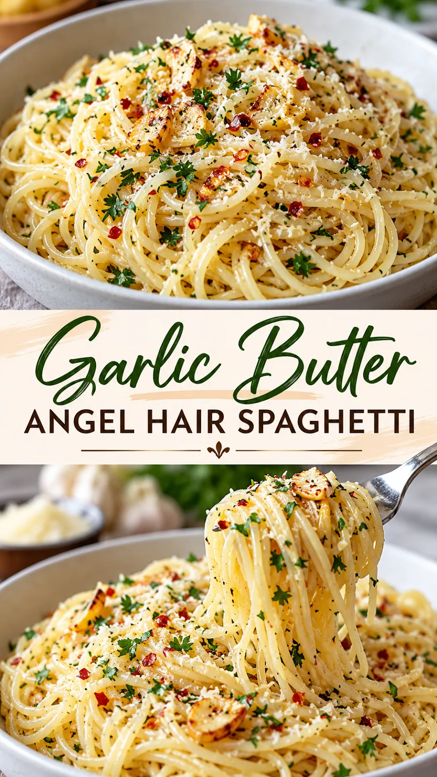 Pinterest image for Garlic Butter Angel Hair Spaghetti Recipe, with two photos of the recipe
