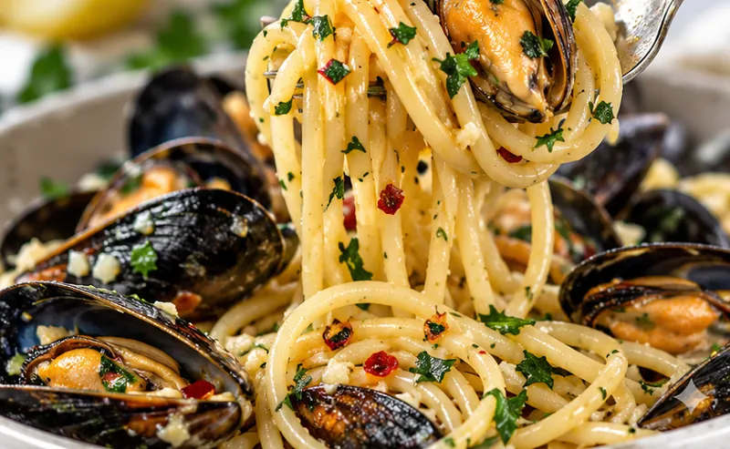 Garlic Butter Mussels and Pasta, ready to serve