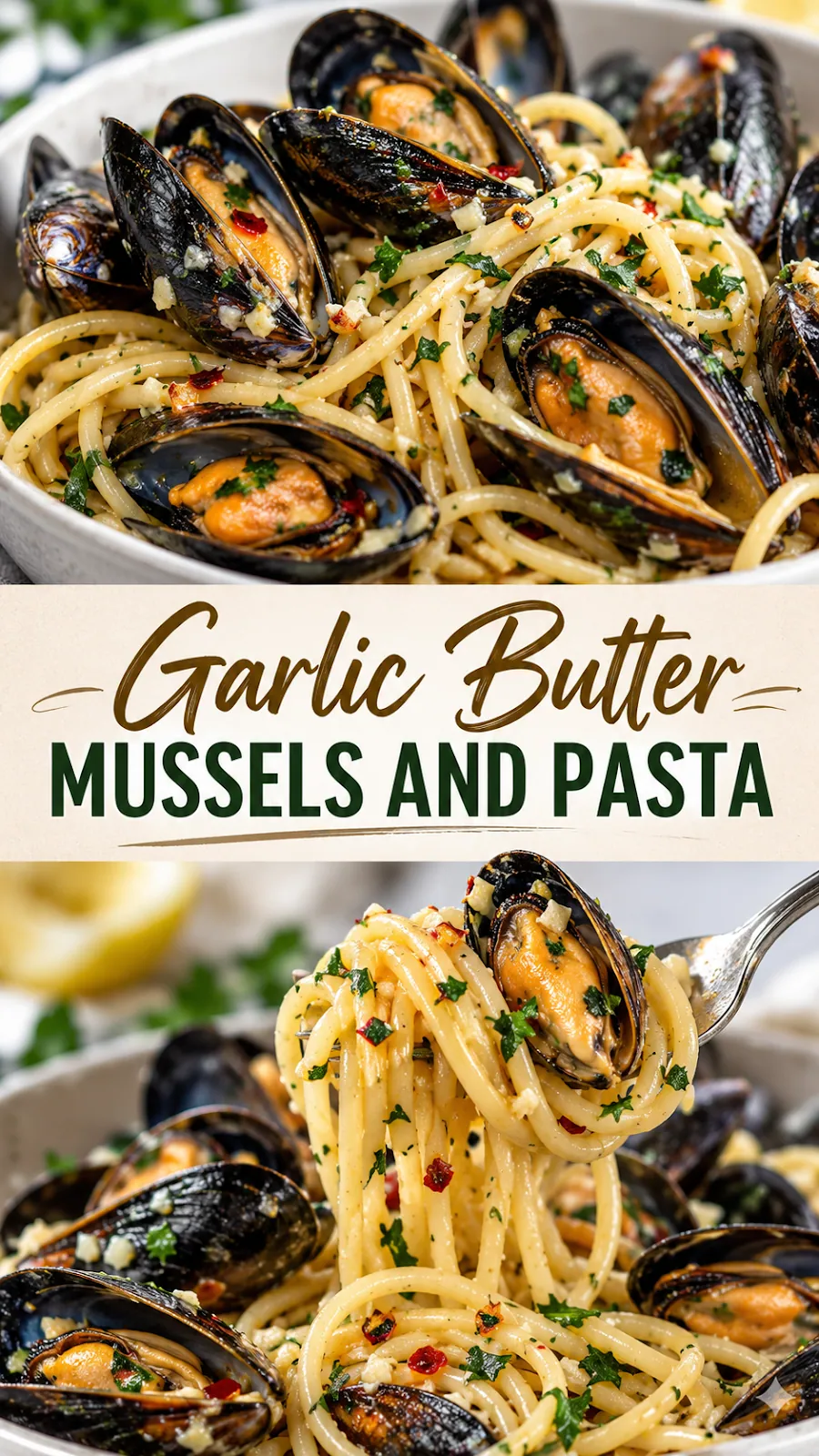 Pinterest image for Garlic Butter Mussels And Pasta Recipe, with two photos of the recipe
