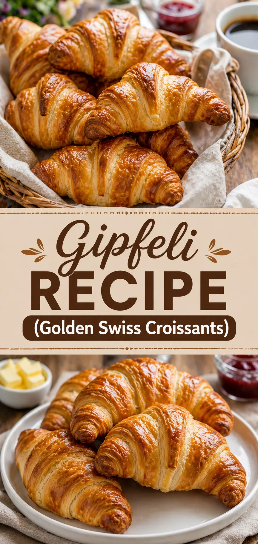Pinterest image for Gipfeli Recipe (Golden Swiss Croissants), with two photos of the recipe