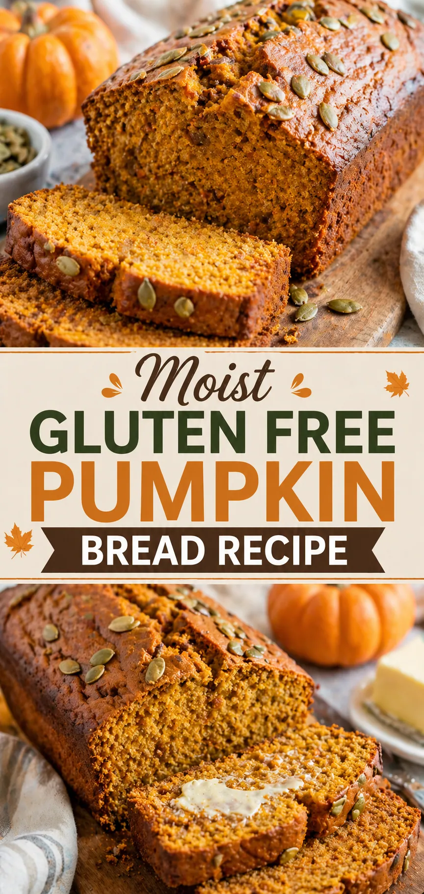 Pinterest image for Moist Gluten Free Pumpkin Bread Recipe, with two photos of the recipe