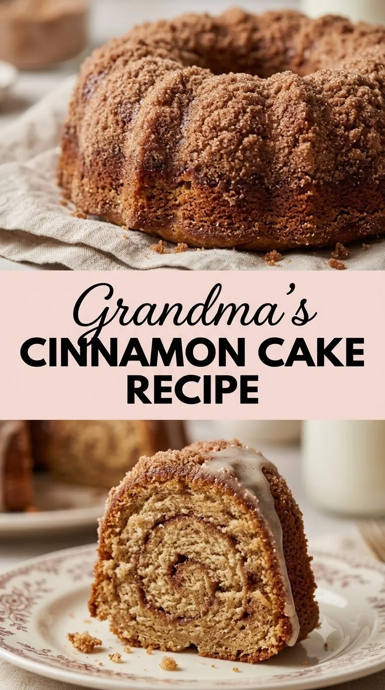 Pinterest image for Grandma's Cinnamon Cake Recipe, with two photos of the recipe