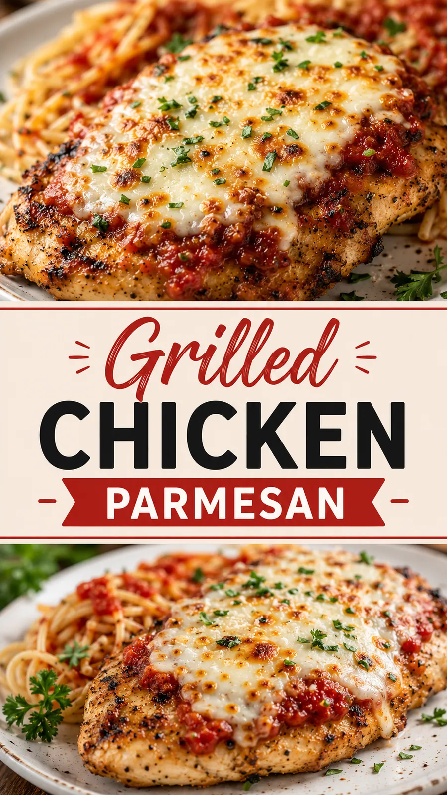Pinterest image for Grilled Chicken Parmesan Recipe, with two photos of the recipe