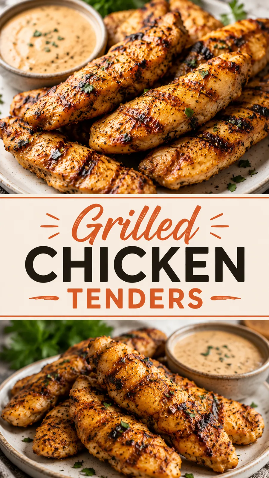Pinterest image for Grilled Chicken Tenders Recipe, with two photos of the recipe