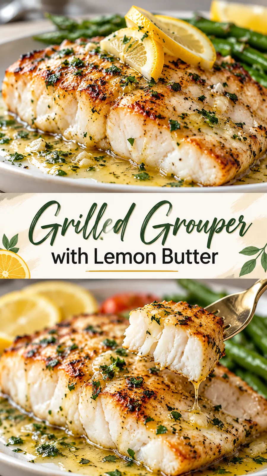 Pinterest image for Grilled Grouper Recipe With Lemon Butter, with two photos of the recipe