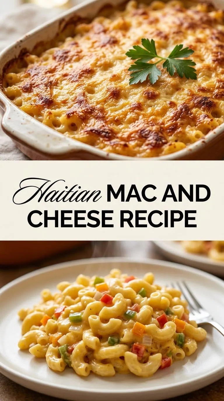 Pinterest image for Haitian Mac And Cheese Recipe, with two photos of the recipe