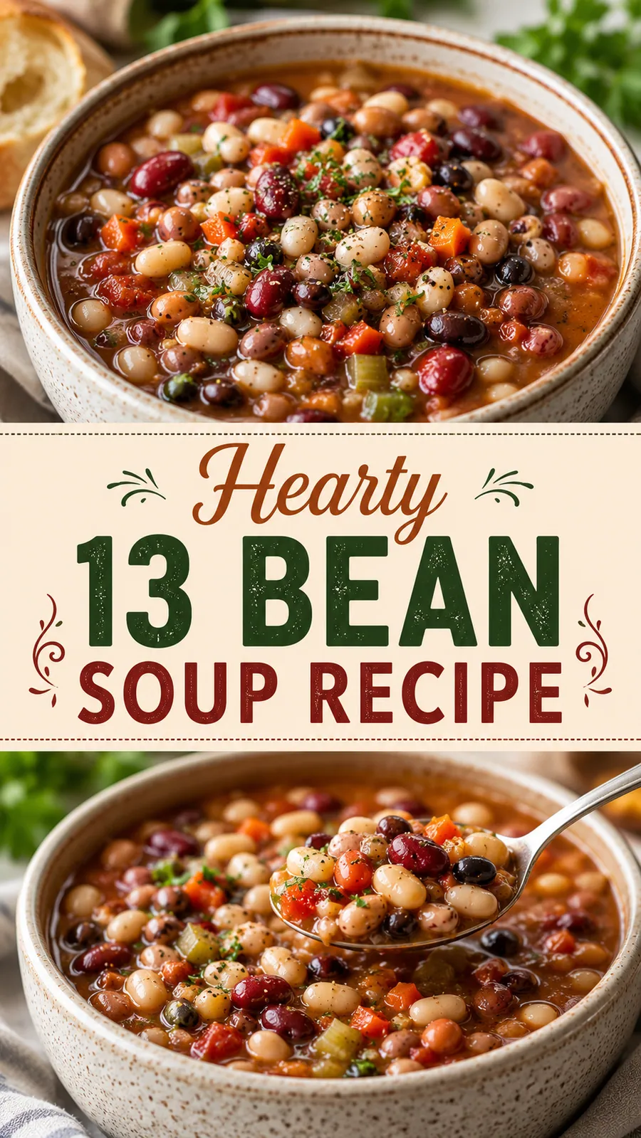 Pinterest image for Hearty 13 Bean Soup Recipe, with two photos of the recipe