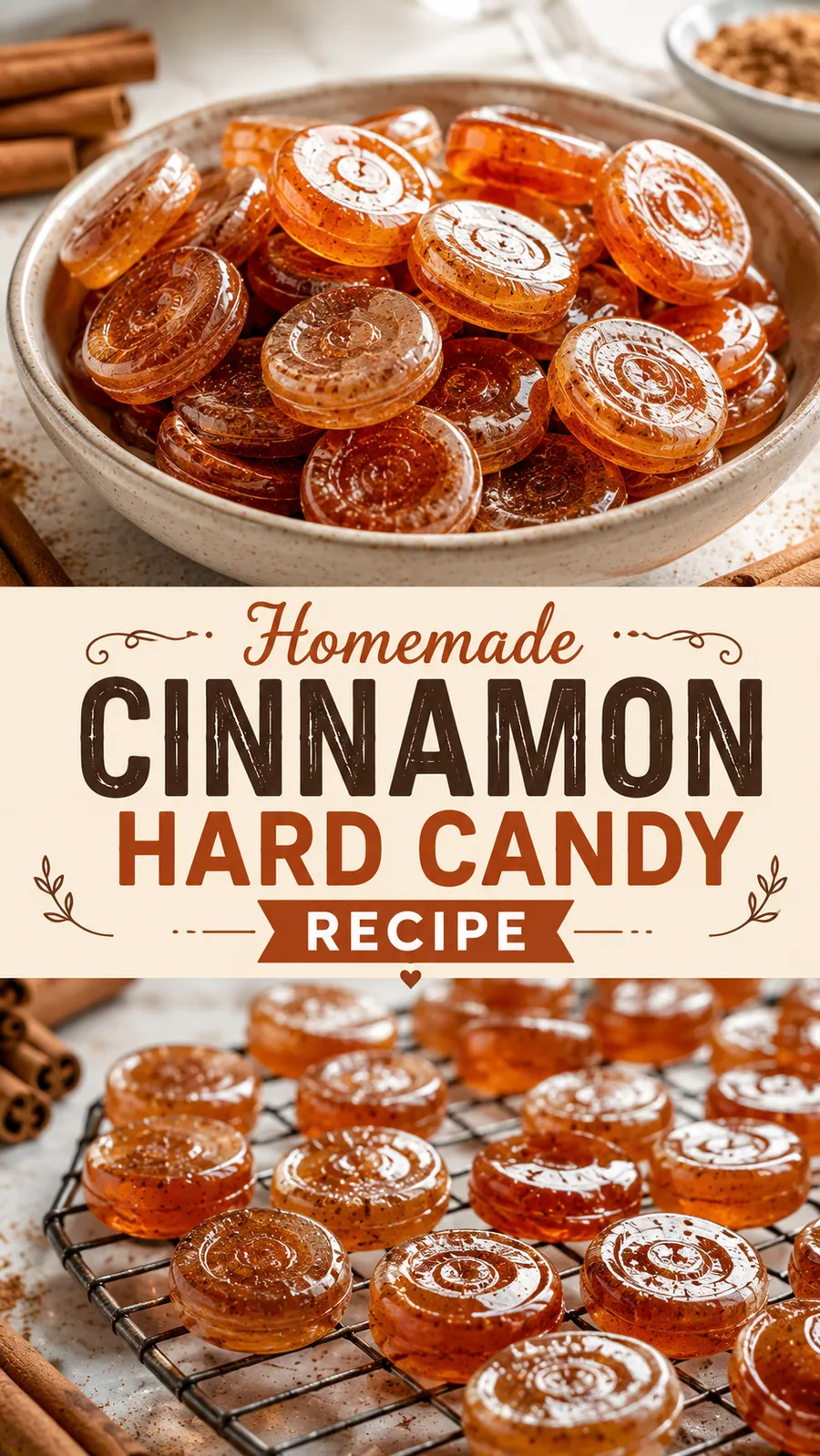 Pinterest image for Homemade Cinnamon Hard Candy Recipe, with two photos of the recipe