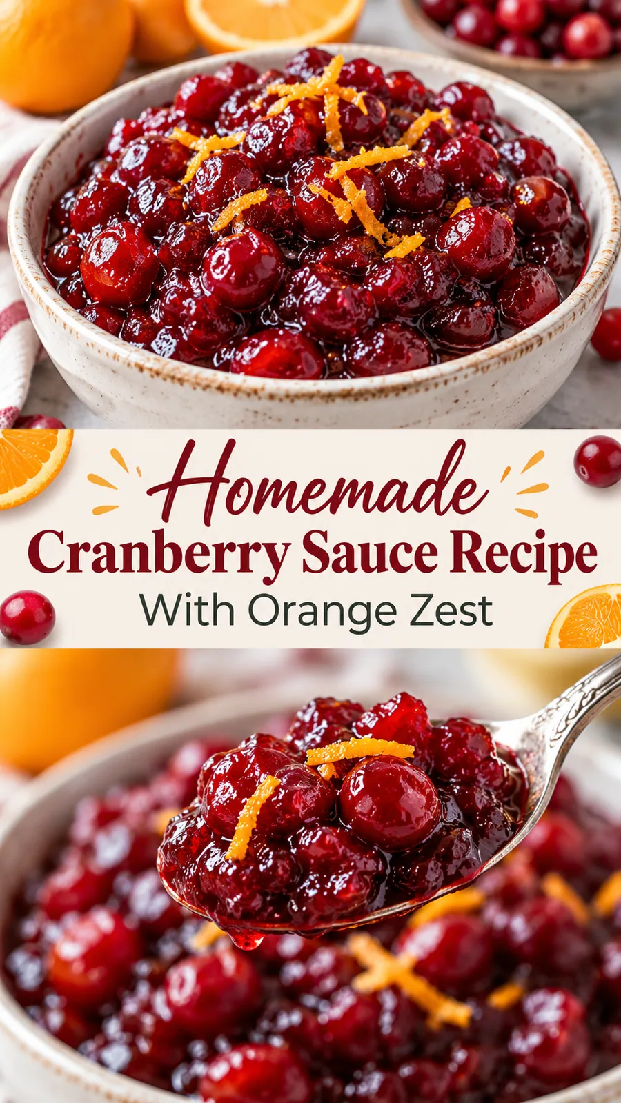 Pinterest image for Homemade Cranberry Sauce Recipe With Orange Zest, with two photos of the recipe