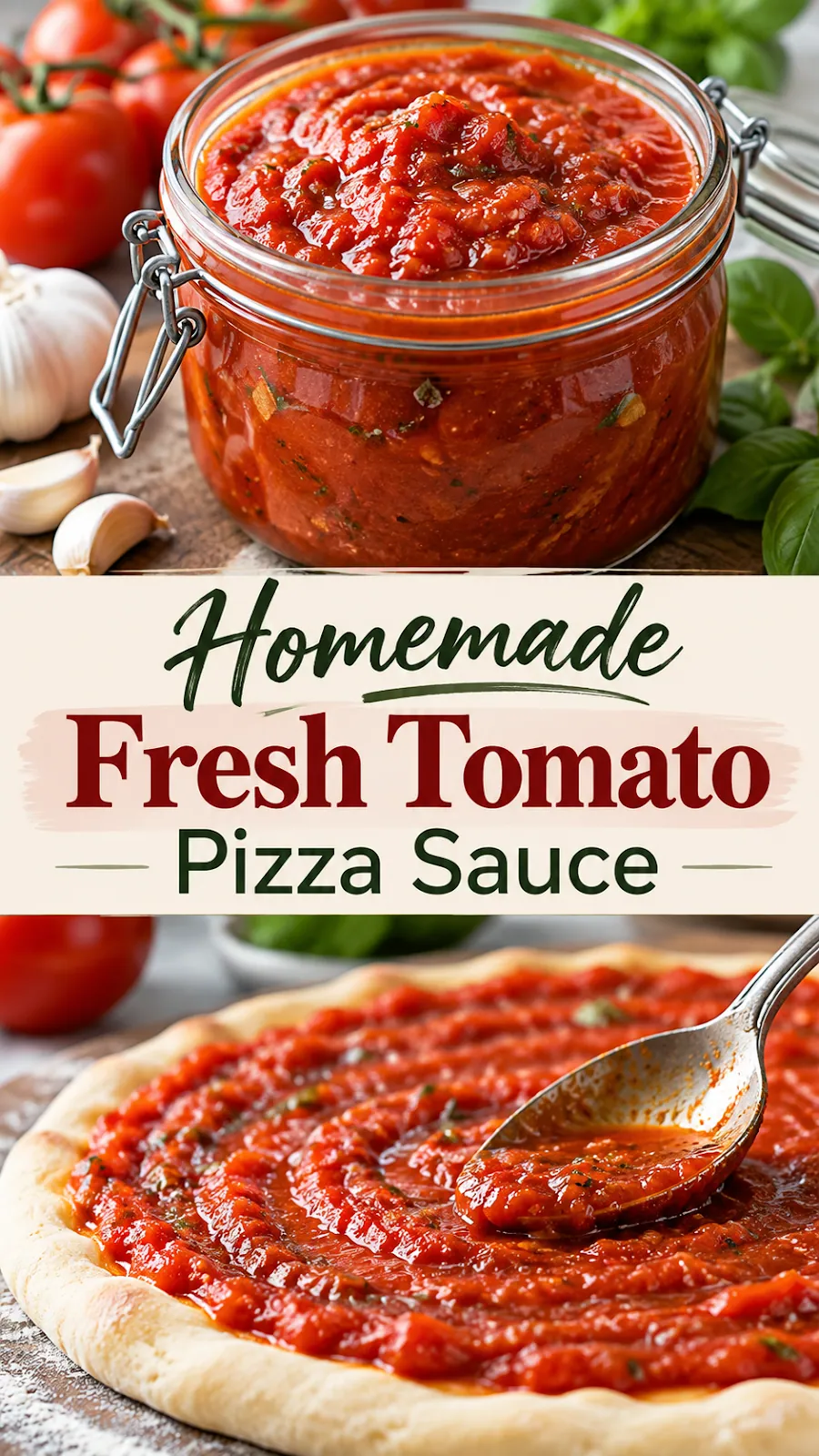 Pinterest image for Homemade Fresh Tomato Pizza Sauce Recipe, with two photos of the recipe