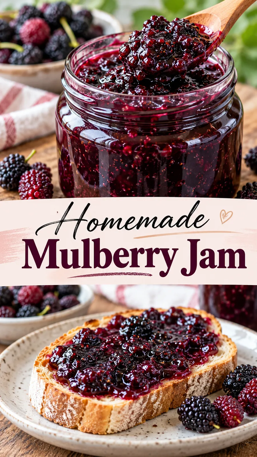 Pinterest image for Homemade Mulberry Jam Recipe, with two photos of the recipe