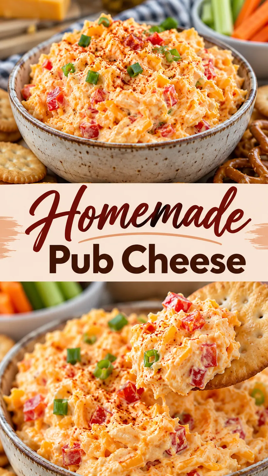 Pinterest image for Homemade Pub Cheese Recipe, with two photos of the recipe