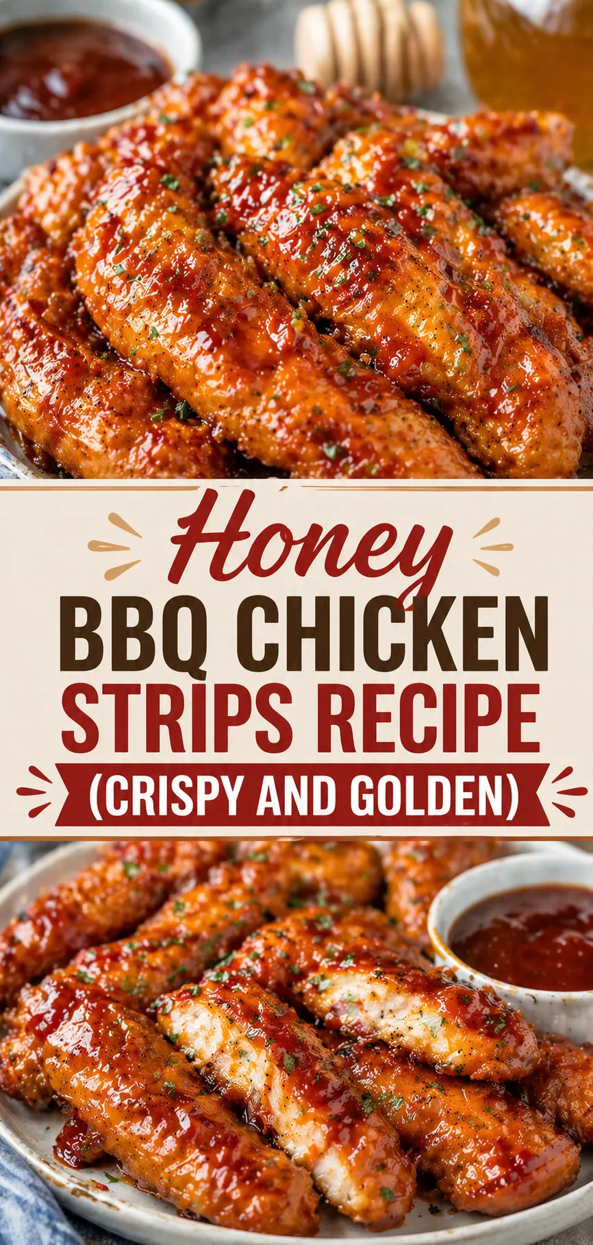 Pinterest image for Honey Bbq Chicken Strips Recipe (Crispy and Golden), with two photos of the recipe