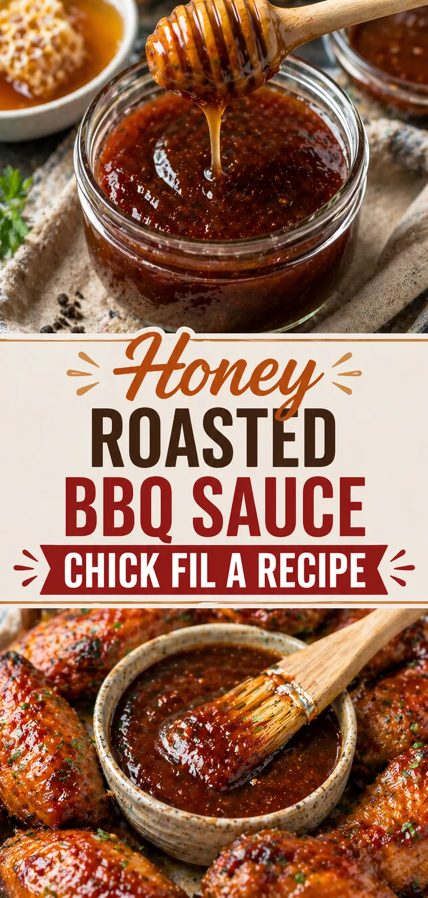 Pinterest image for Honey Roasted Bbq Sauce Chick Fil A Recipe, with two photos of the recipe
