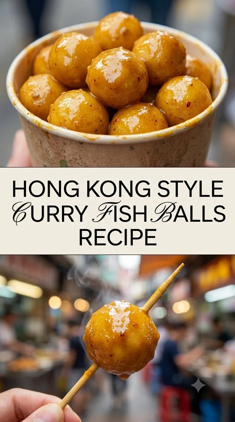 Pinterest image for Hong Kong Style Curry Fish Balls Recipe, with two photos of the recipe
