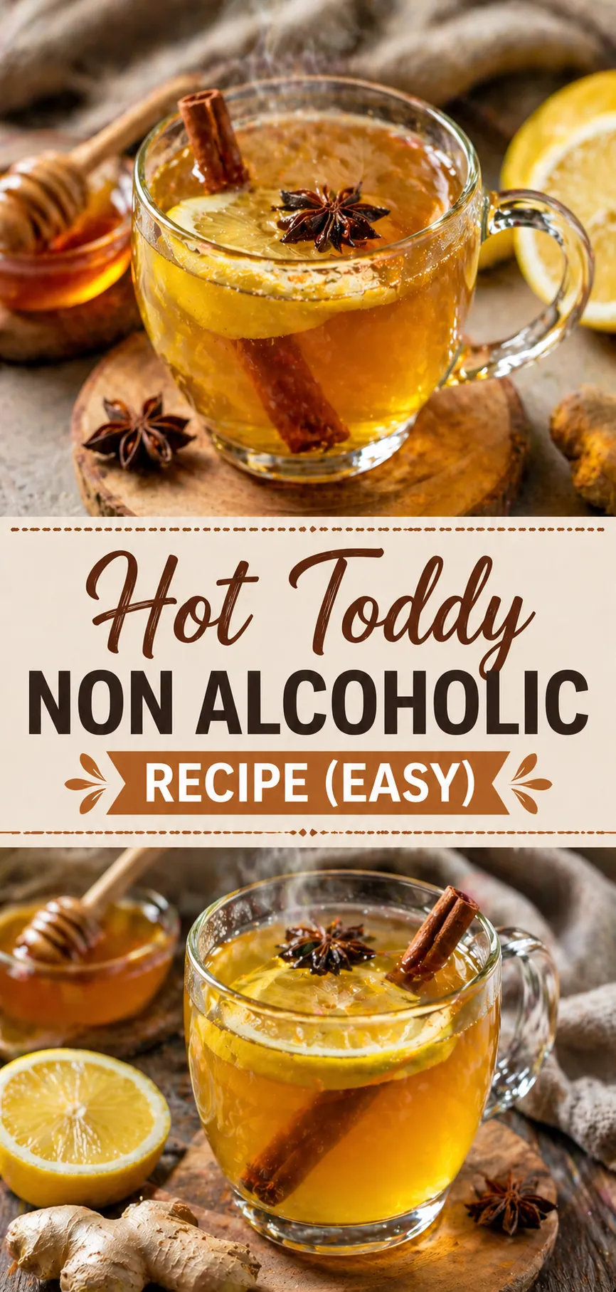 Pinterest image for Hot Toddy Non Alcoholic Recipe (Easy), with two photos of the recipe
