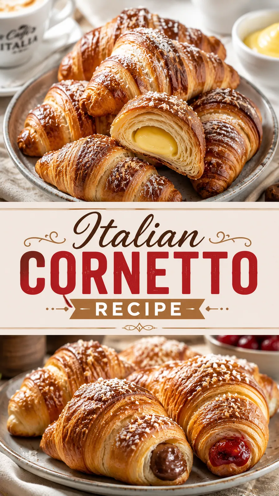 Pinterest image for Italian Cornetto Recipe, with two photos of the recipe
