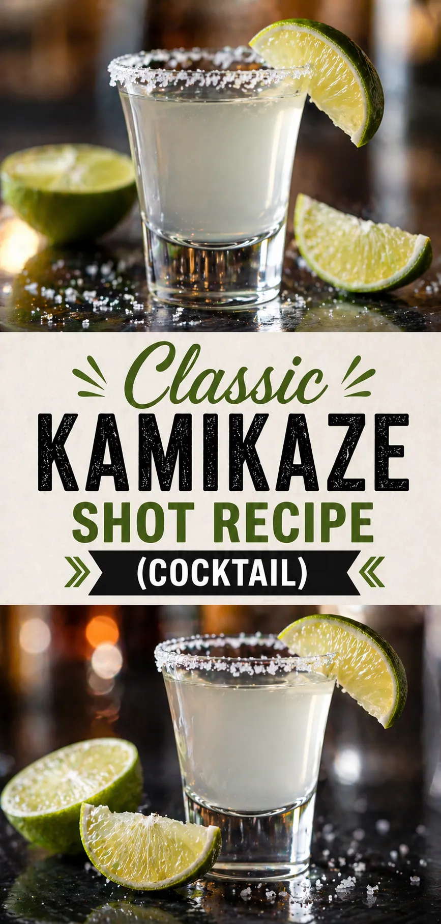 Pinterest image for Classic Kamikaze Shot Recipe (Cocktail), with two photos of the recipe