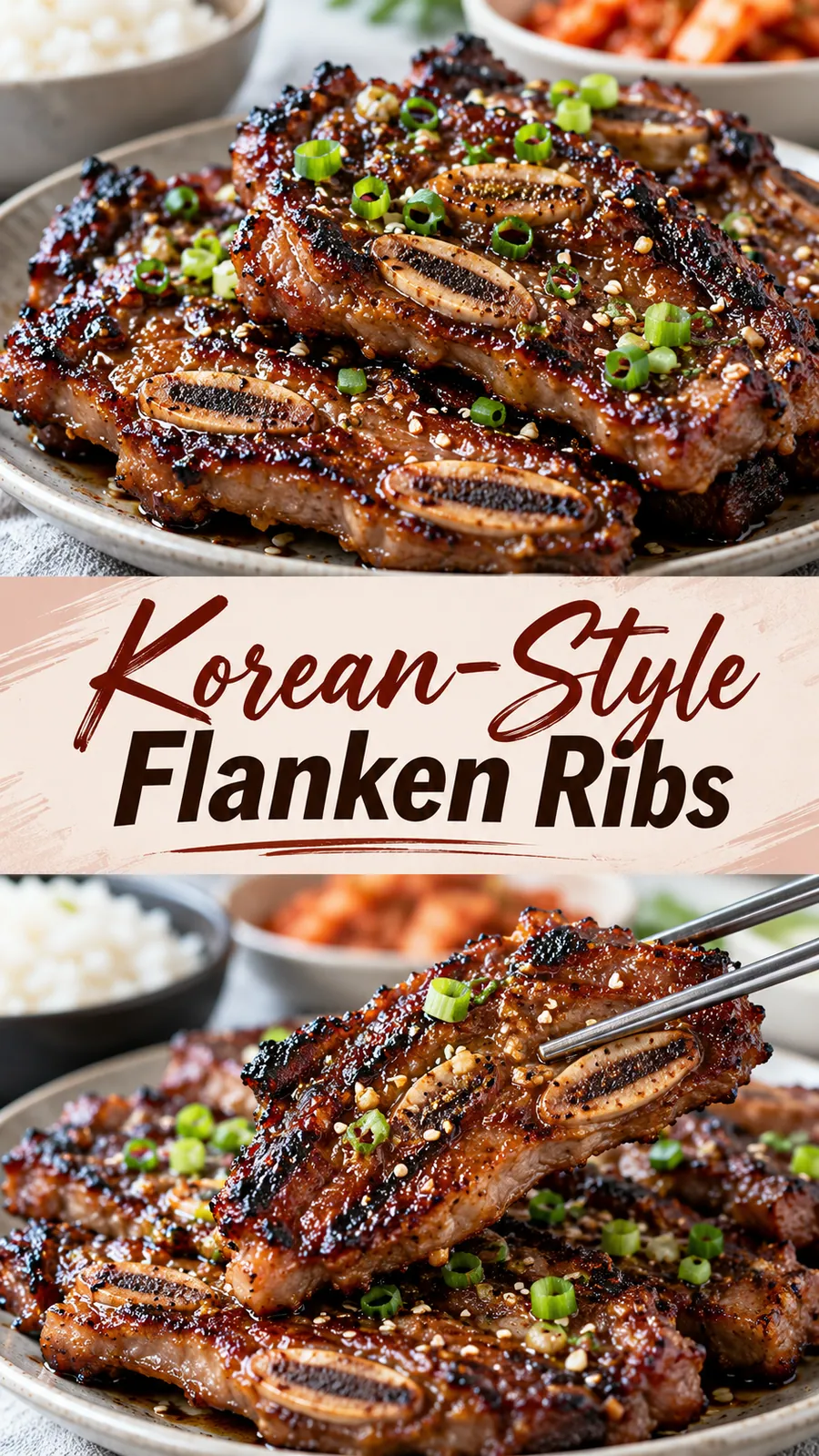 Pinterest image for Korean Style Flanken Ribs Recipe, with two photos of the recipe