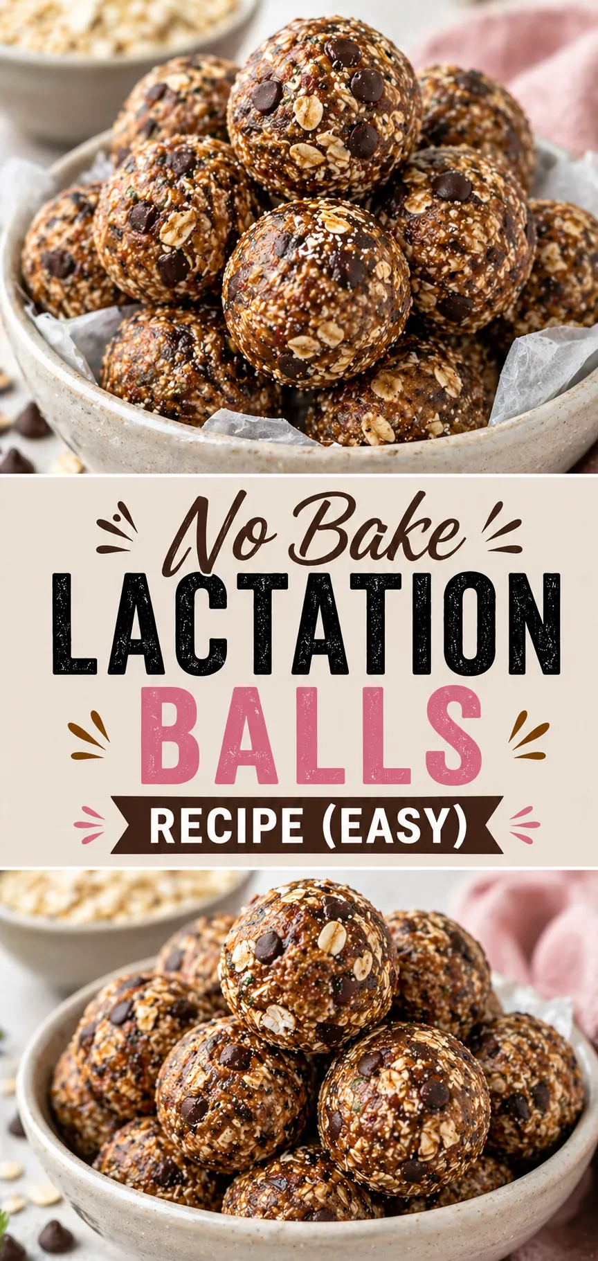 Pinterest image for No Bake Lactation Balls Recipe (Easy), with two photos of the recipe