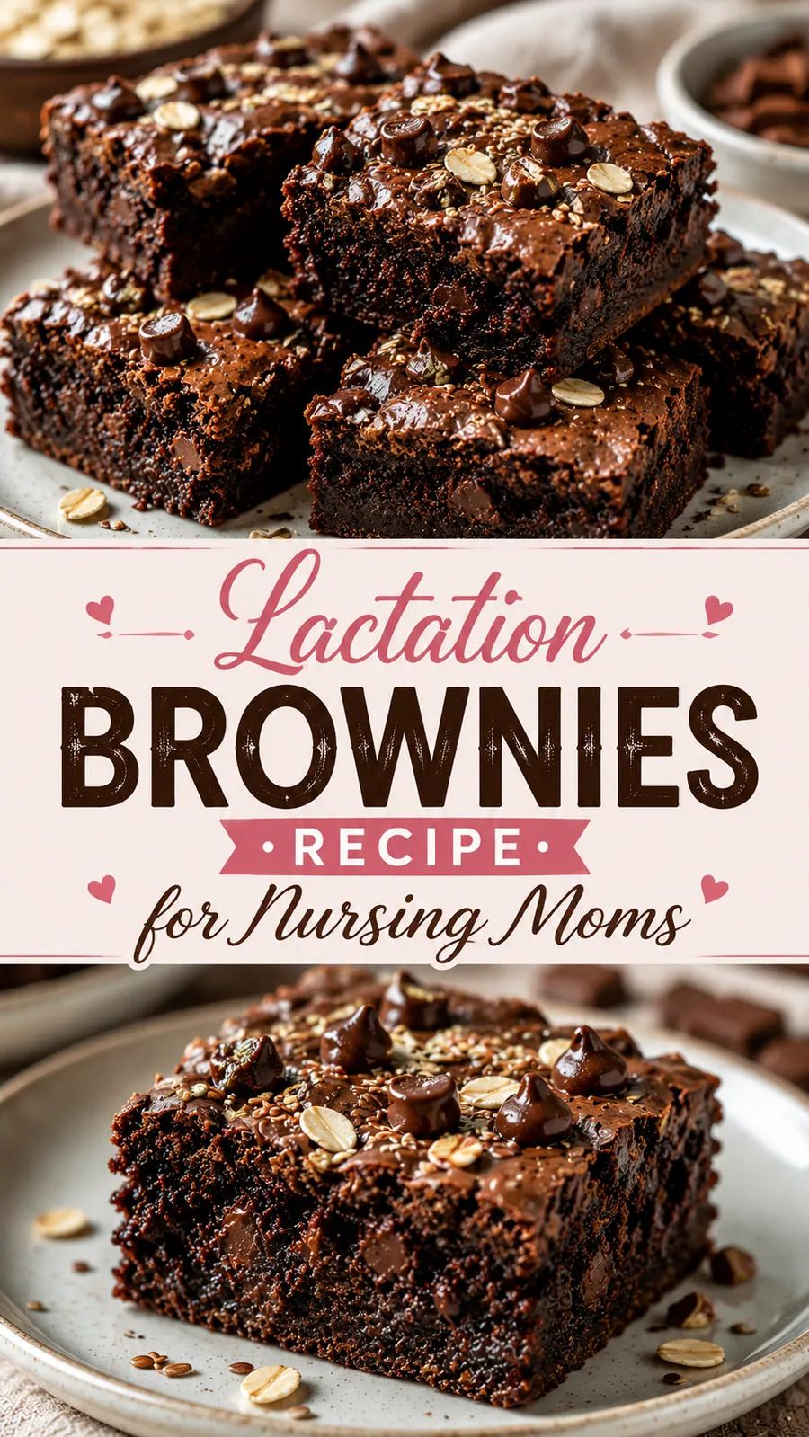 Pinterest image for Lactation Brownies Recipe For Nursing Moms, with two photos of the recipe