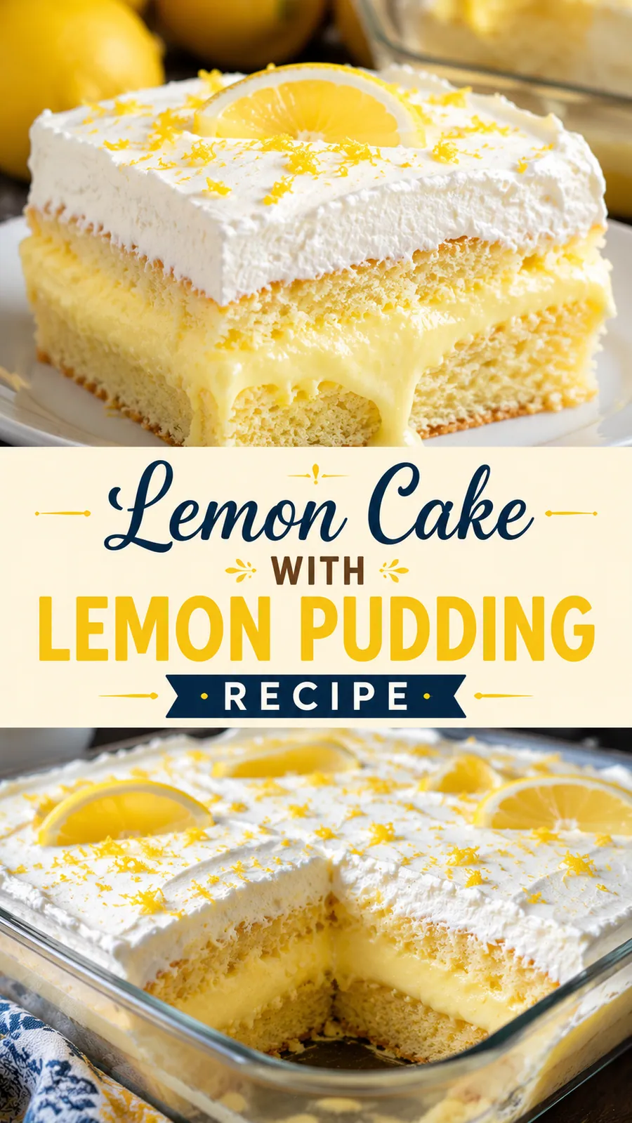 Pinterest image for Lemon Cake With Lemon Pudding Recipe, with two photos of the recipe