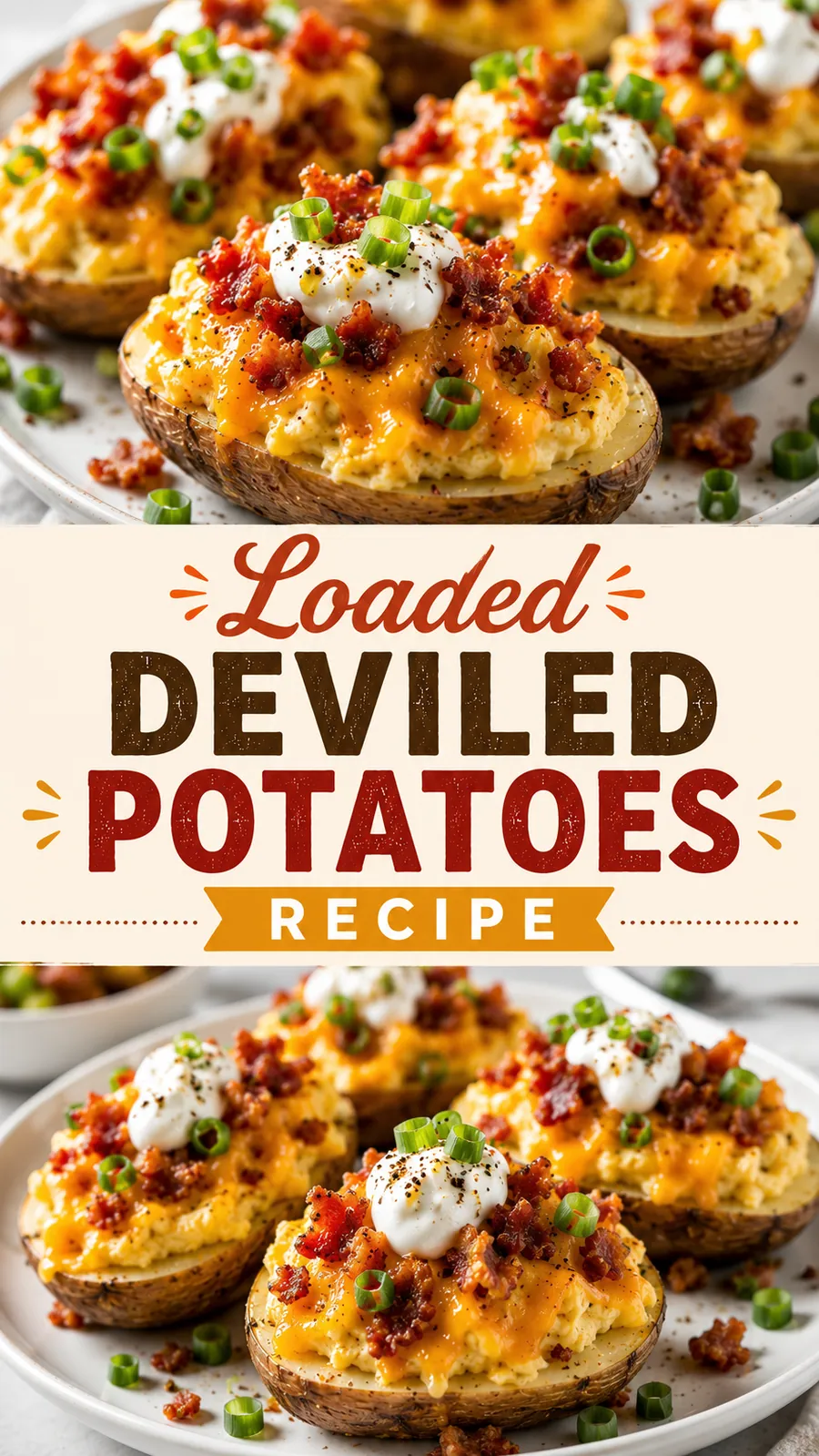 Pinterest image for Loaded Deviled Potatoes Recipe, with two photos of the recipe