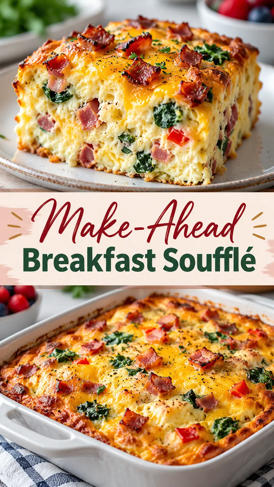 Pinterest image for Make-Ahead Breakfast Soufflé Recipe, with two photos of the recipe