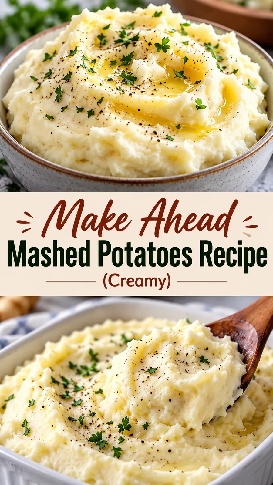Pinterest image for Make Ahead Mashed Potatoes Recipe (Creamy), with two photos of the recipe