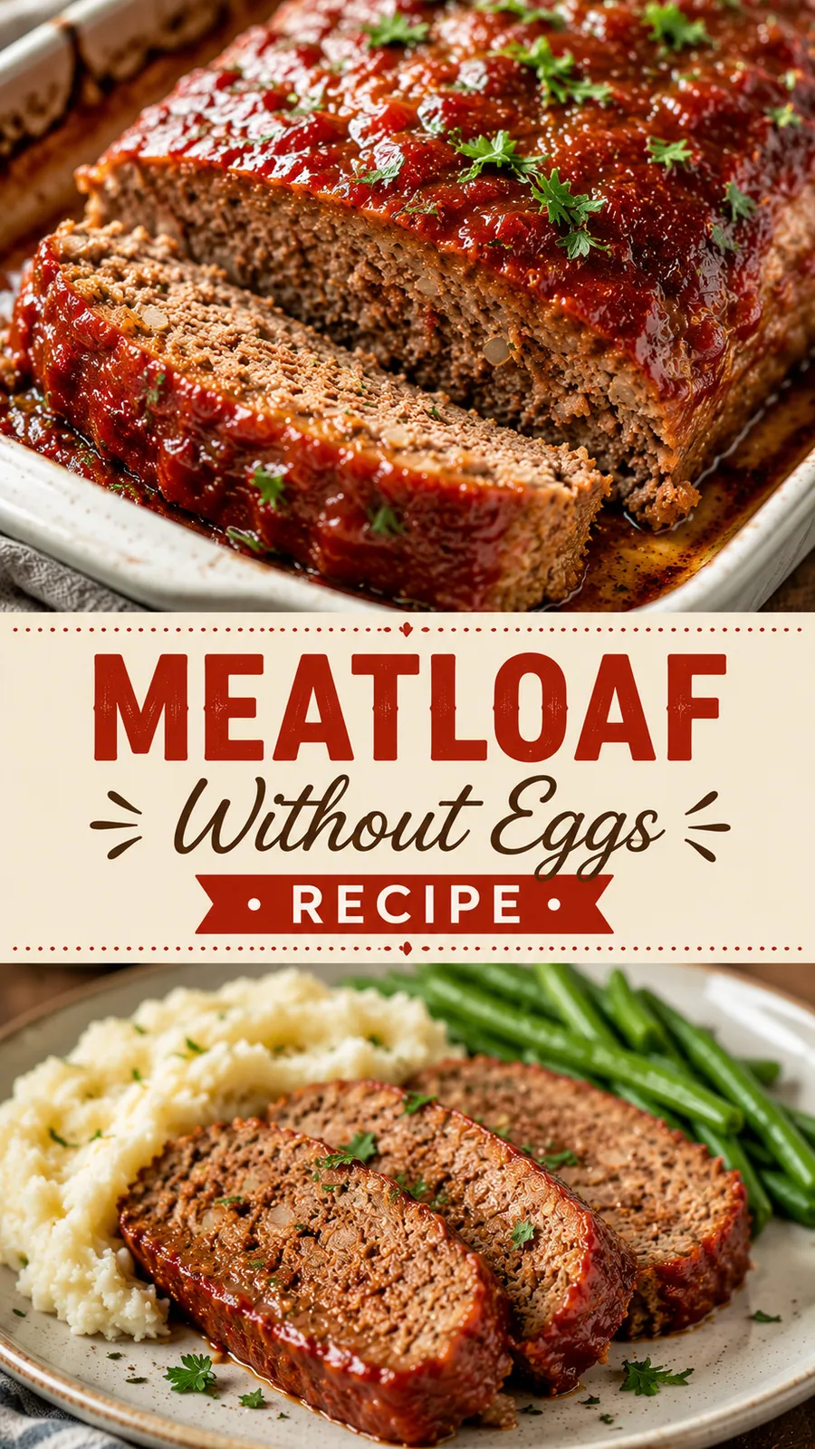 Pinterest image for Meatloaf Without Eggs Recipe, with two photos of the recipe