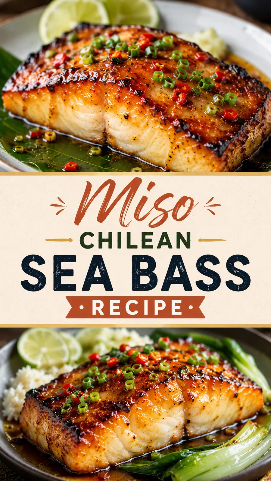 Pinterest image for Miso Chilean Sea Bass Recipe, with two photos of the recipe