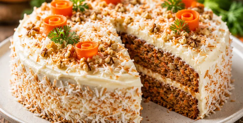 Moist Carrot Cake with Coconut, ready to serve