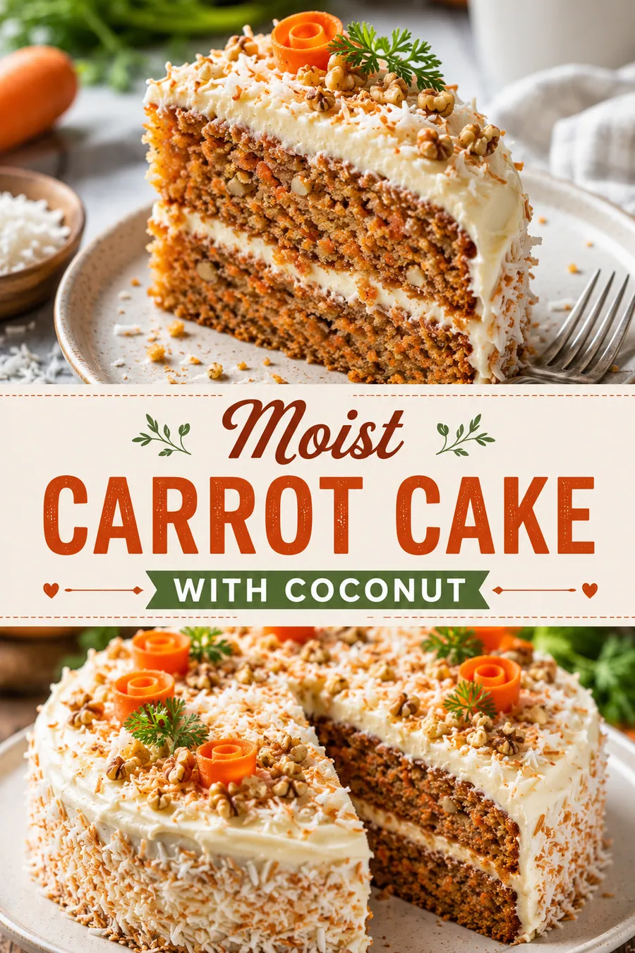 Pinterest image for Moist Carrot Cake With Coconut Recipe, with two photos of the recipe