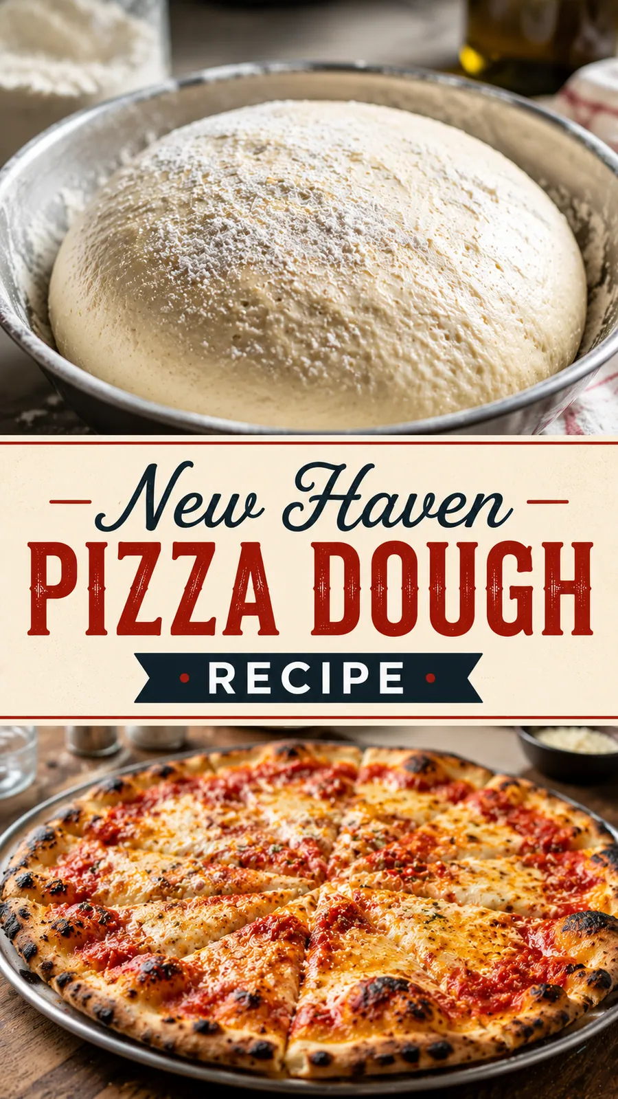 Pinterest image for New Haven Pizza Dough Recipe, with two photos of the recipe
