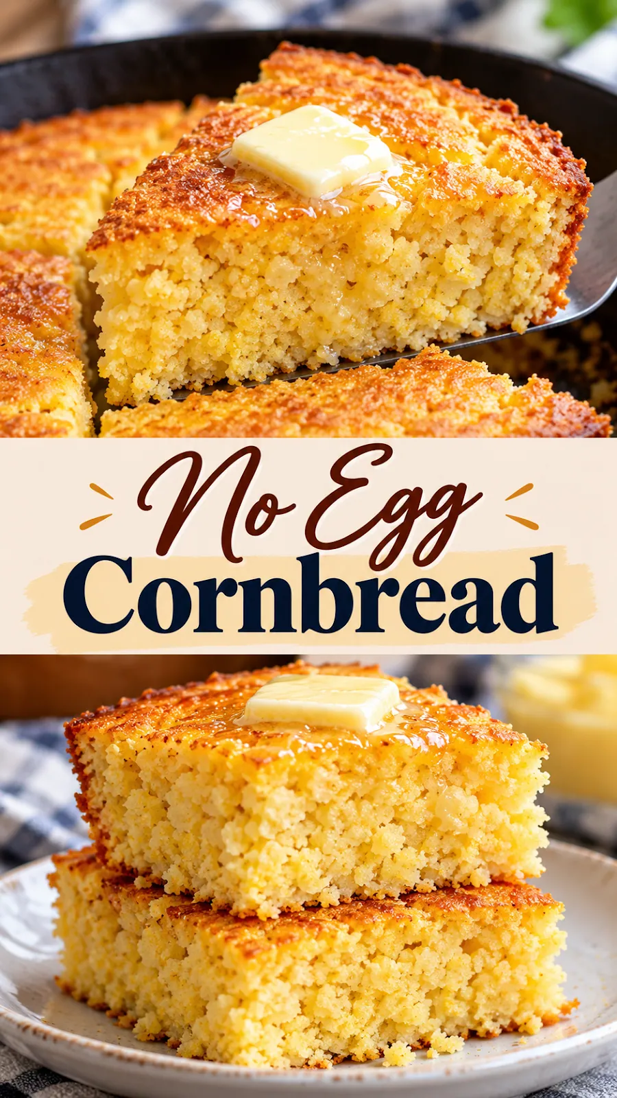 Pinterest image for No Egg Cornbread Recipe, with two photos of the recipe