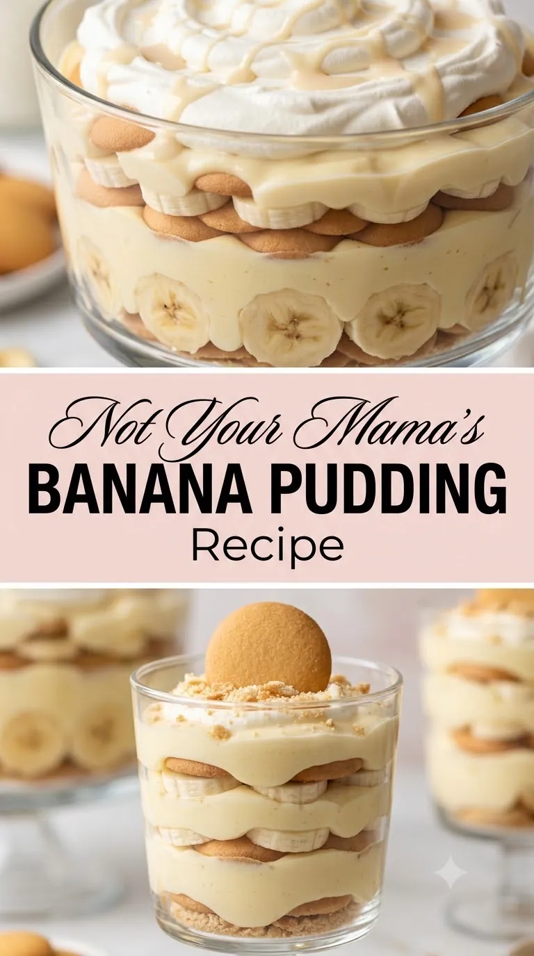 Pinterest image for not your mama's banana pudding recipe, with two photos of the recipe
