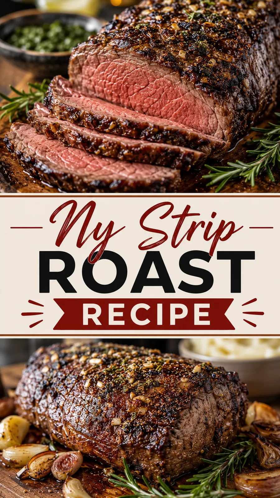 Pinterest image for Ny Strip Roast Recipe, with two photos of the recipe