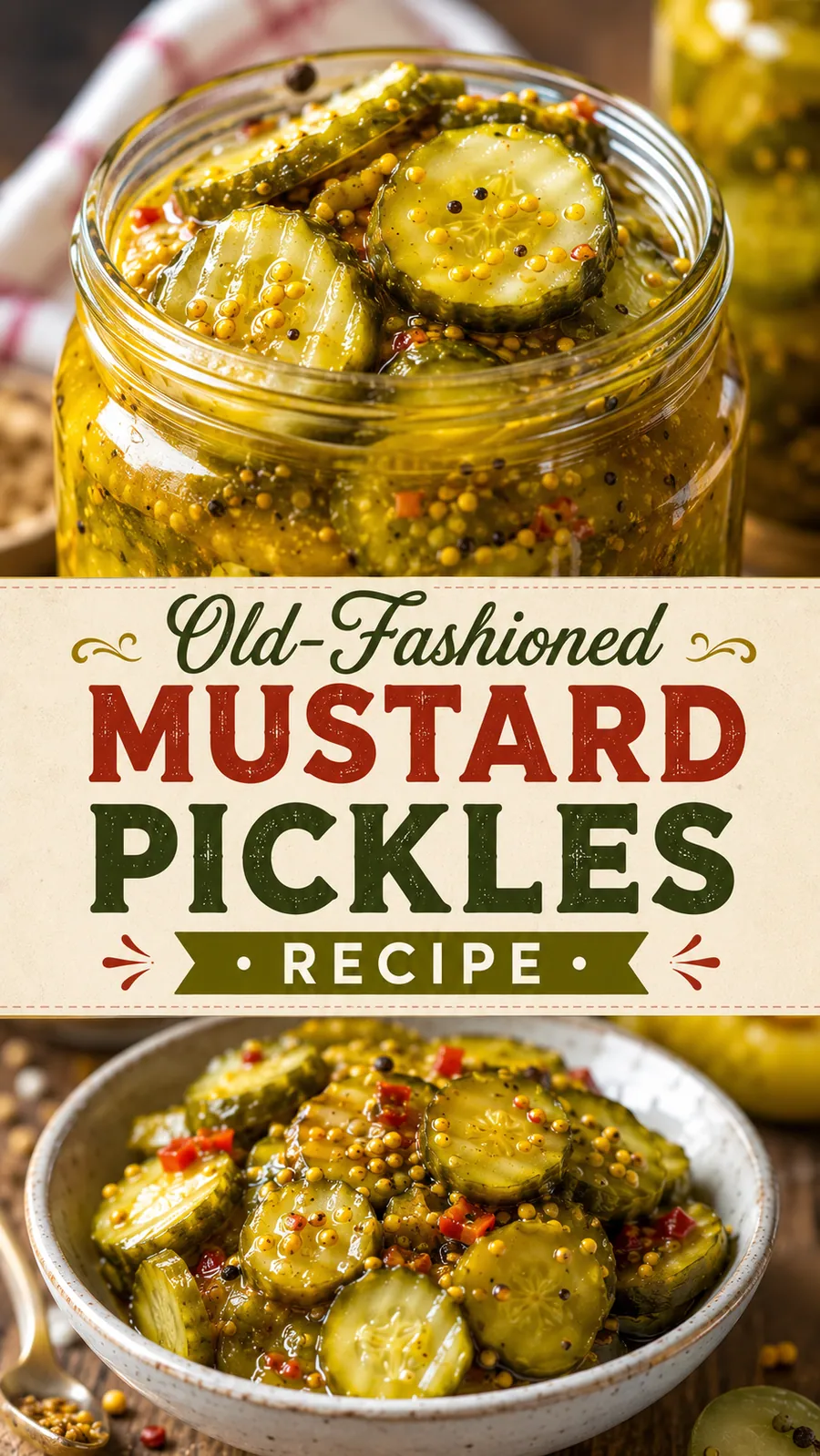 Pinterest image for Old Fashioned Mustard Pickles Recipe, with two photos of the recipe