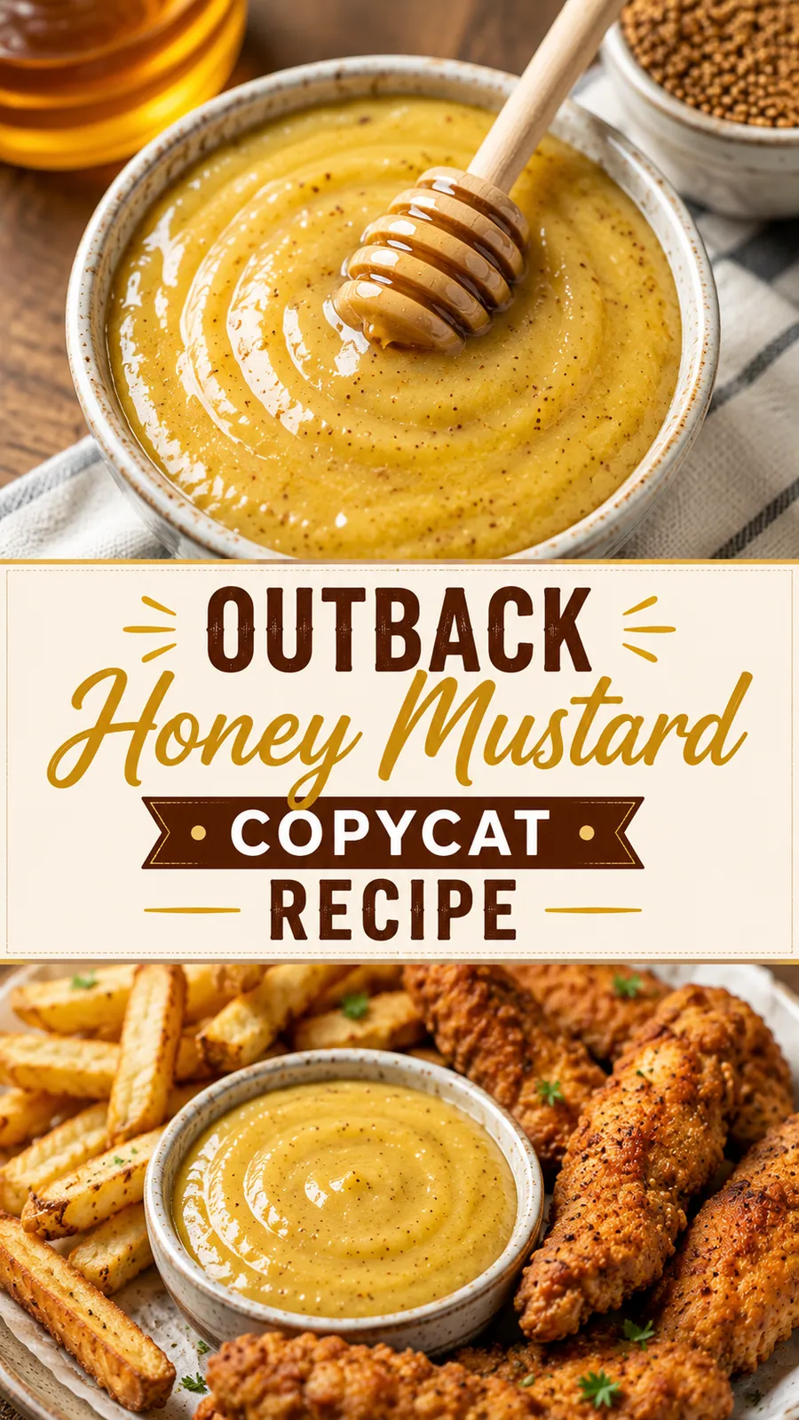 Pinterest image for Outback Honey Mustard Copycat Recipe, with two photos of the recipe