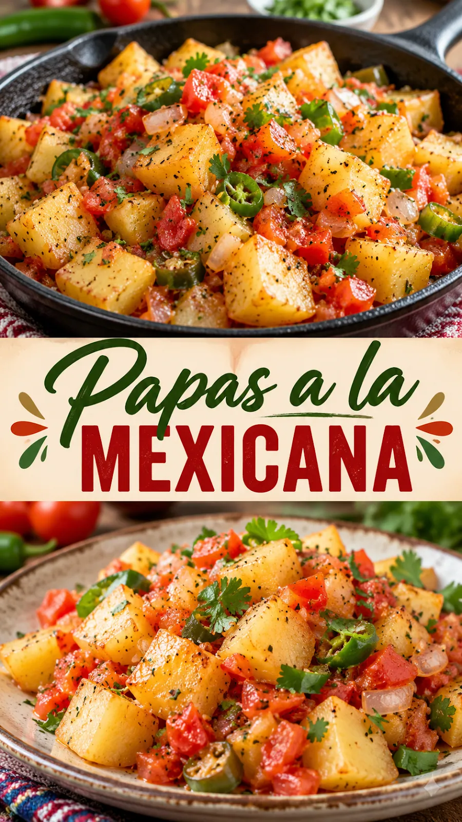 Pinterest image for Papas A La Mexicana Recipe, with two photos of the recipe