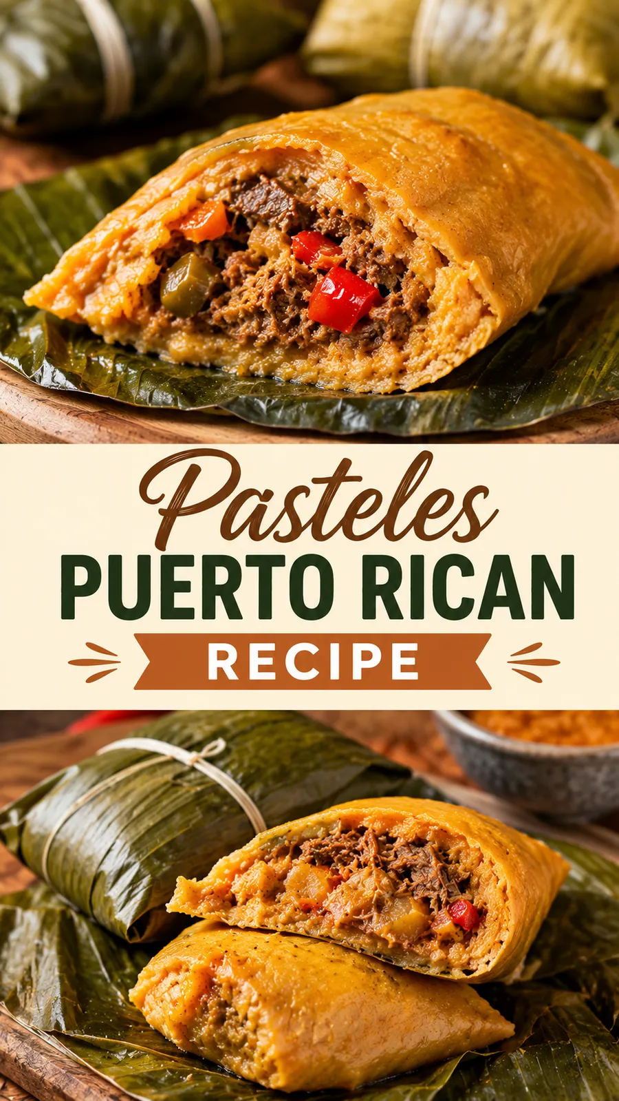 Pinterest image for Pasteles Puerto Rican Recipe, with two photos of the recipe