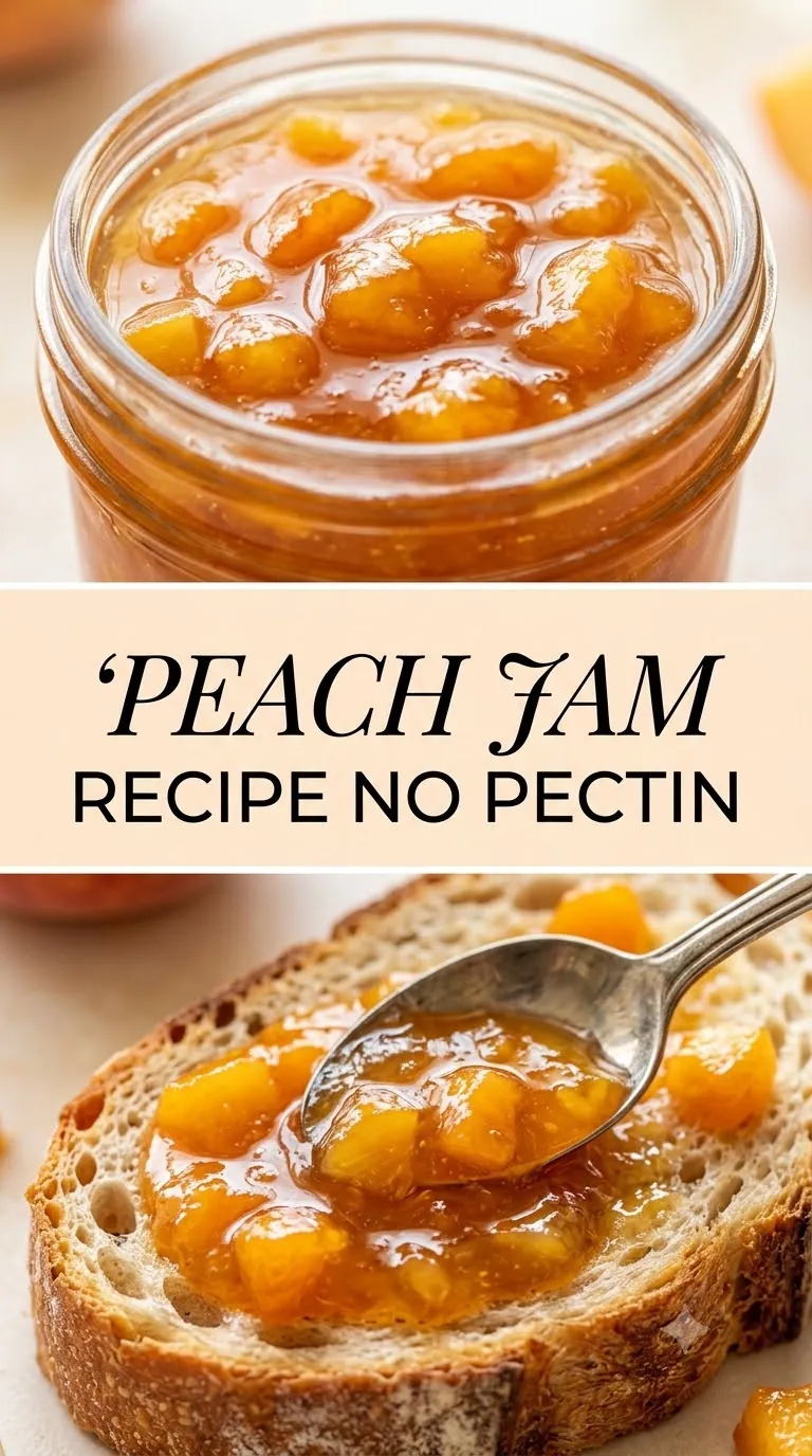 Pinterest image for Peach Jam Recipe No Pectin, with two photos of the recipe