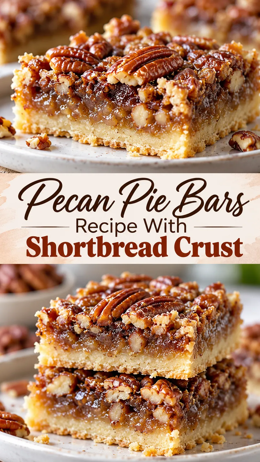 Pinterest image for Pecan Pie Bars Recipe With Shortbread Crust, with two photos of the recipe