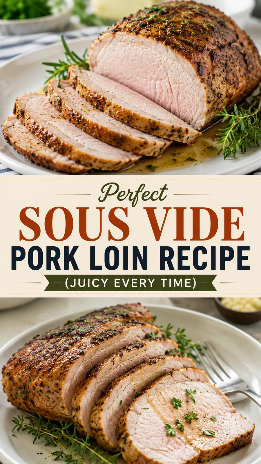Pinterest image for Perfect Striploin Roast Recipe, with two photos of the recipe